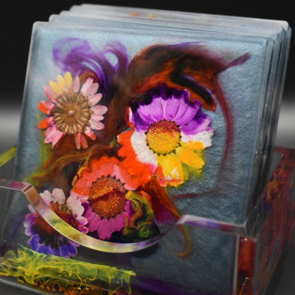Handmade Floral Epoxy Resin Coaster Set of 5
